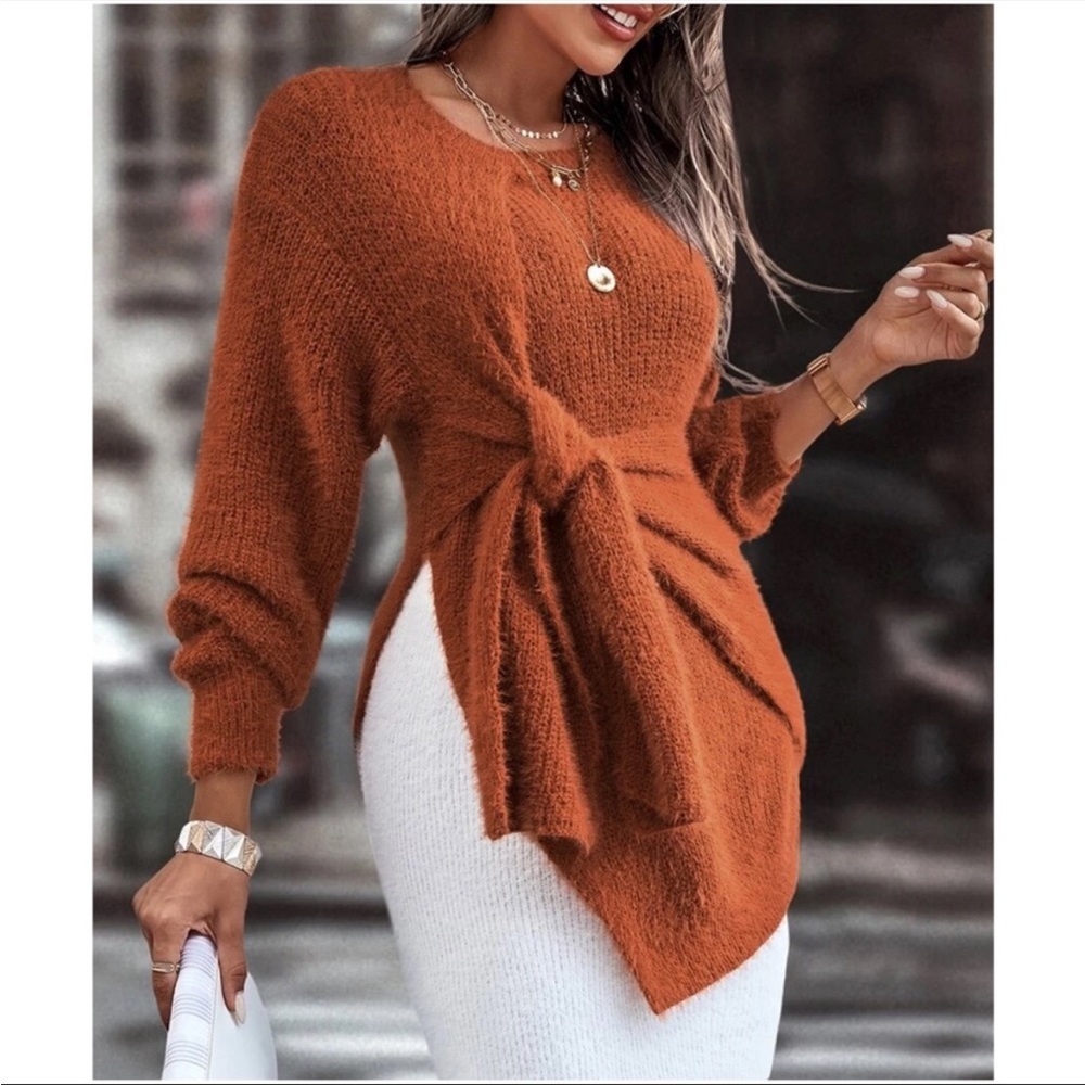 Cozy Rust Orange Tie Front Fuzzy Sweater Top XS S M L XL XXL - Picture 4 of 5